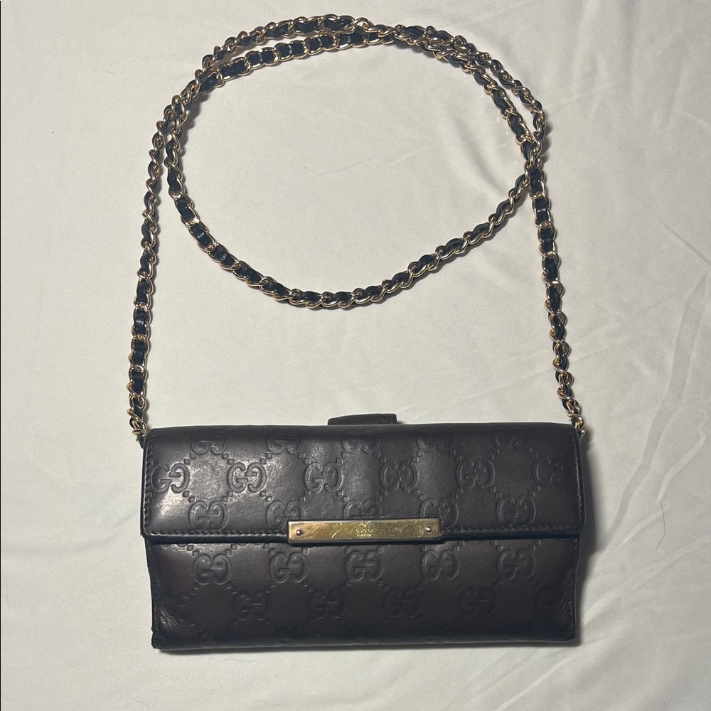 Gucci Brown Leather Wallet with Chain